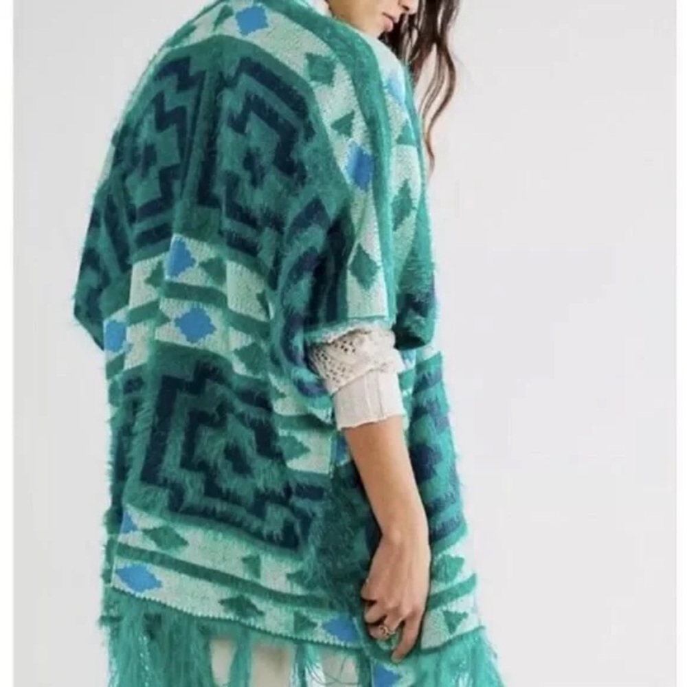 Free People Eyelash Knit Poncho Diamond Back Fringe Blue Green One Size
